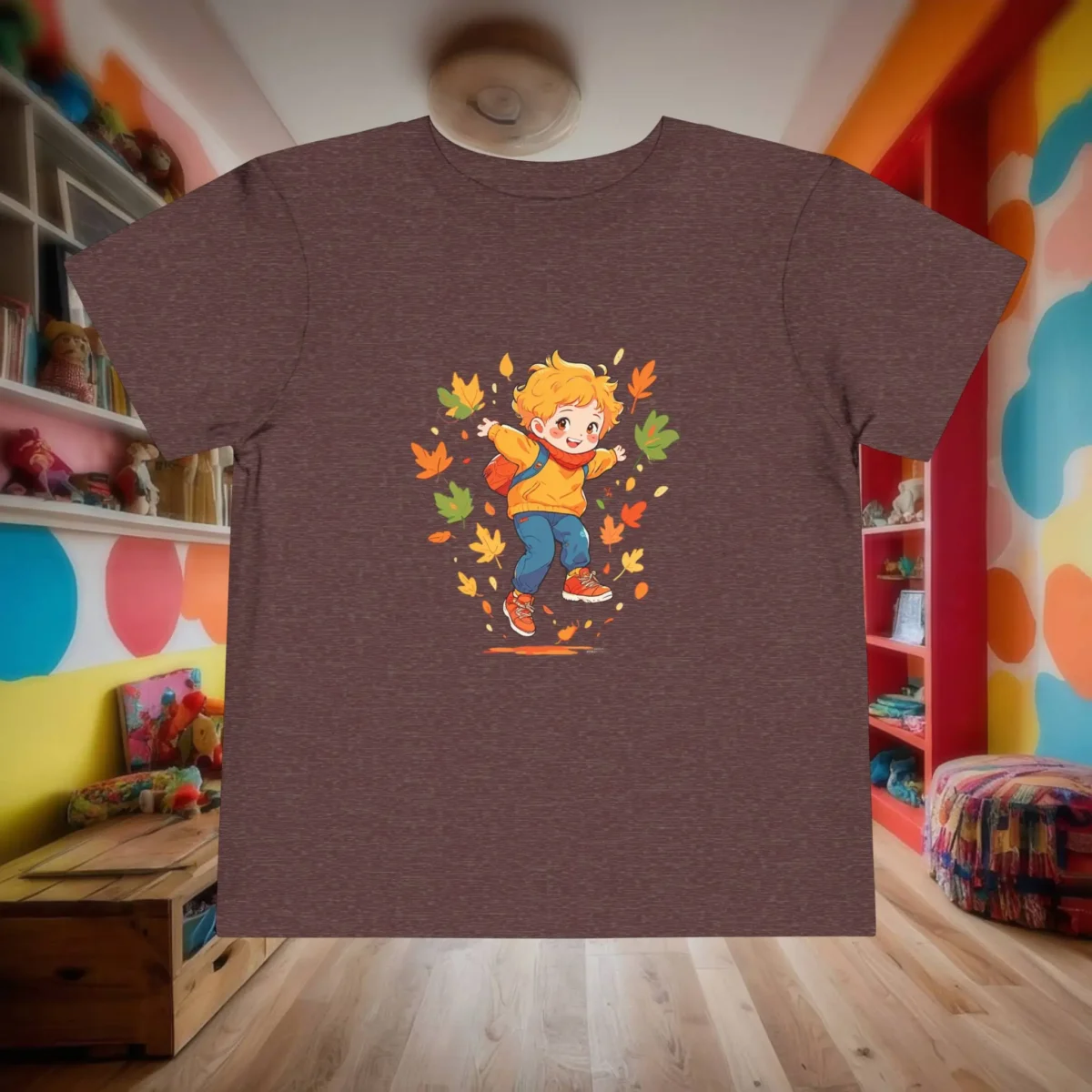 Flat lay of a brown toddler t-shirt with an illustration of a happy child jumping in colorful fall leaves.