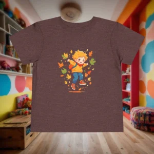 Flat lay of a brown toddler t-shirt with an illustration of a happy child jumping in colorful fall leaves.