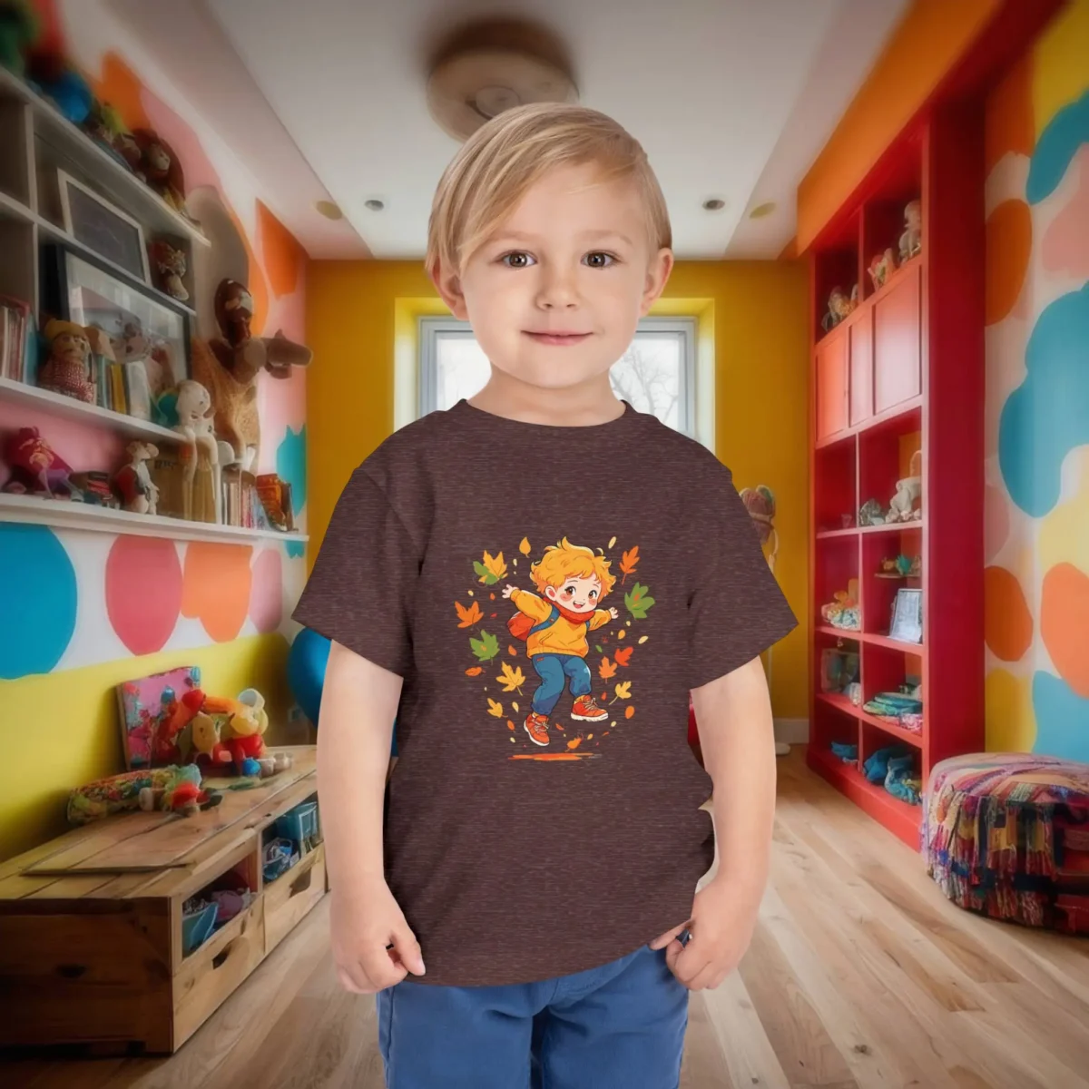 Toddler boy wearing a brown t-shirt with a vibrant fall-themed design of a cartoon child jumping in leaves.