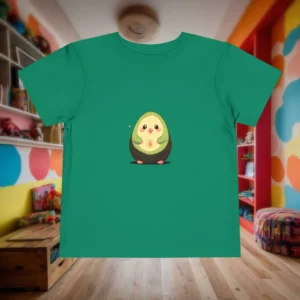 Flat lay of a green toddler t-shirt with a smiling avocado cartoon character in the center.