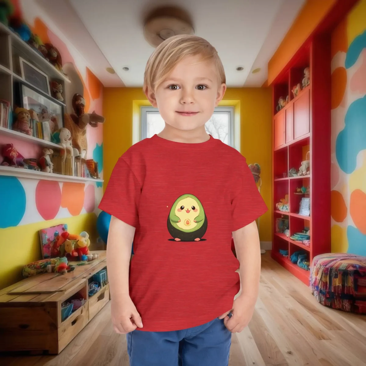 Toddler boy wearing a red t-shirt with a cute cartoon avocado character centered on the chest.
