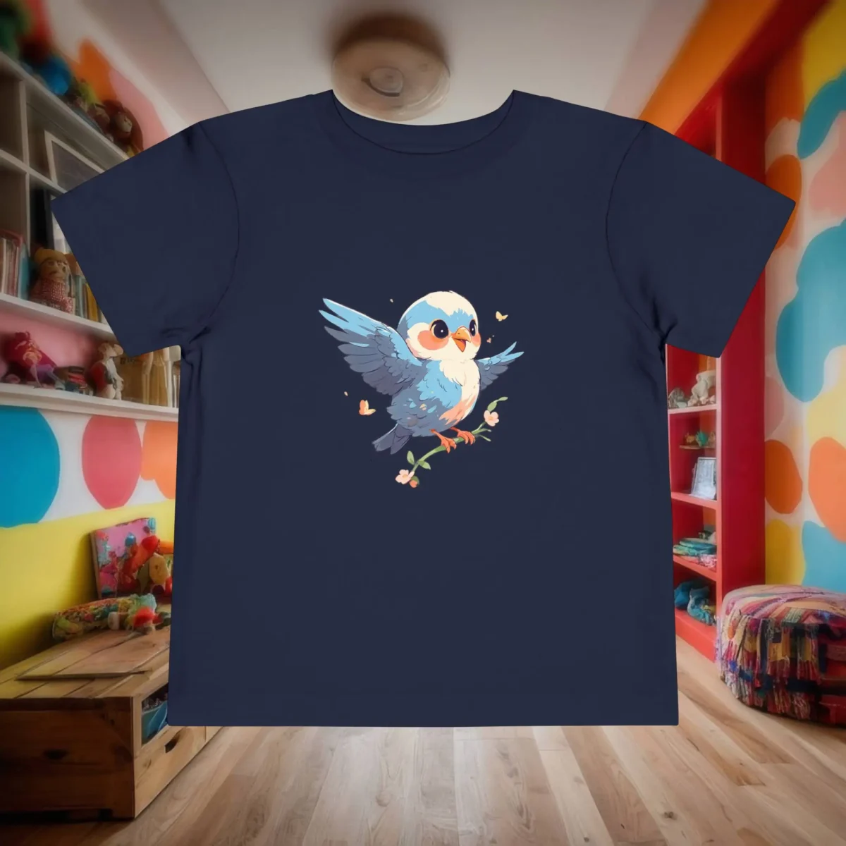 Flat lay of a navy toddler t-shirt with a cute cartoon baby bird flying with outstretched wings, holding a small flower branch.