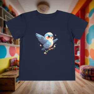 Flat lay of a navy toddler t-shirt with a cute cartoon baby bird flying with outstretched wings, holding a small flower branch.