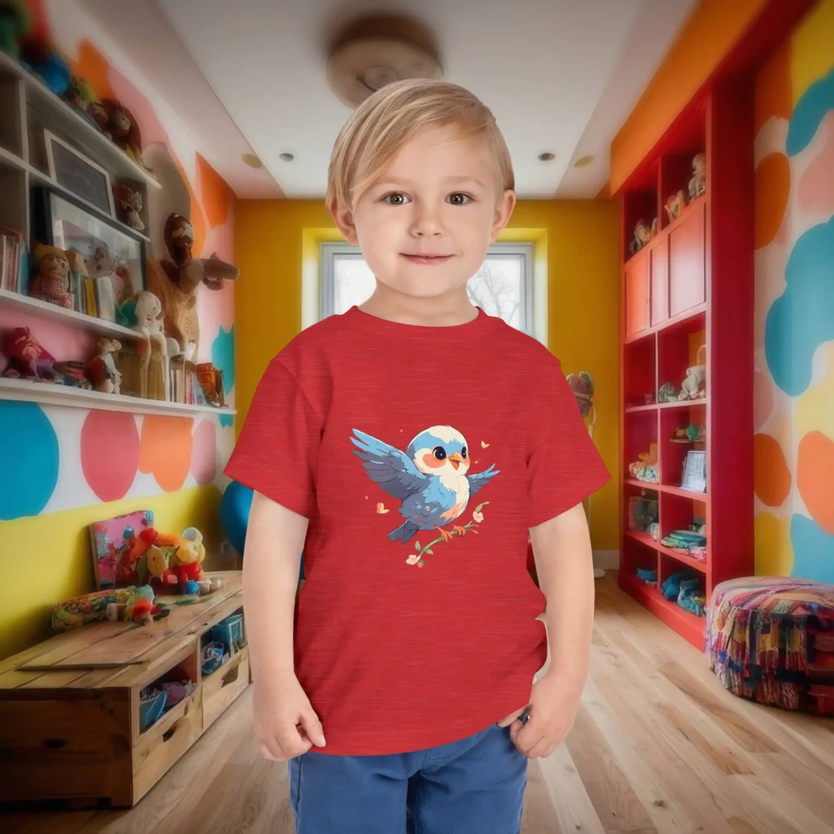 Toddler in a red t-shirt with a cute flying baby bird design, holding a small branch with blossoms.