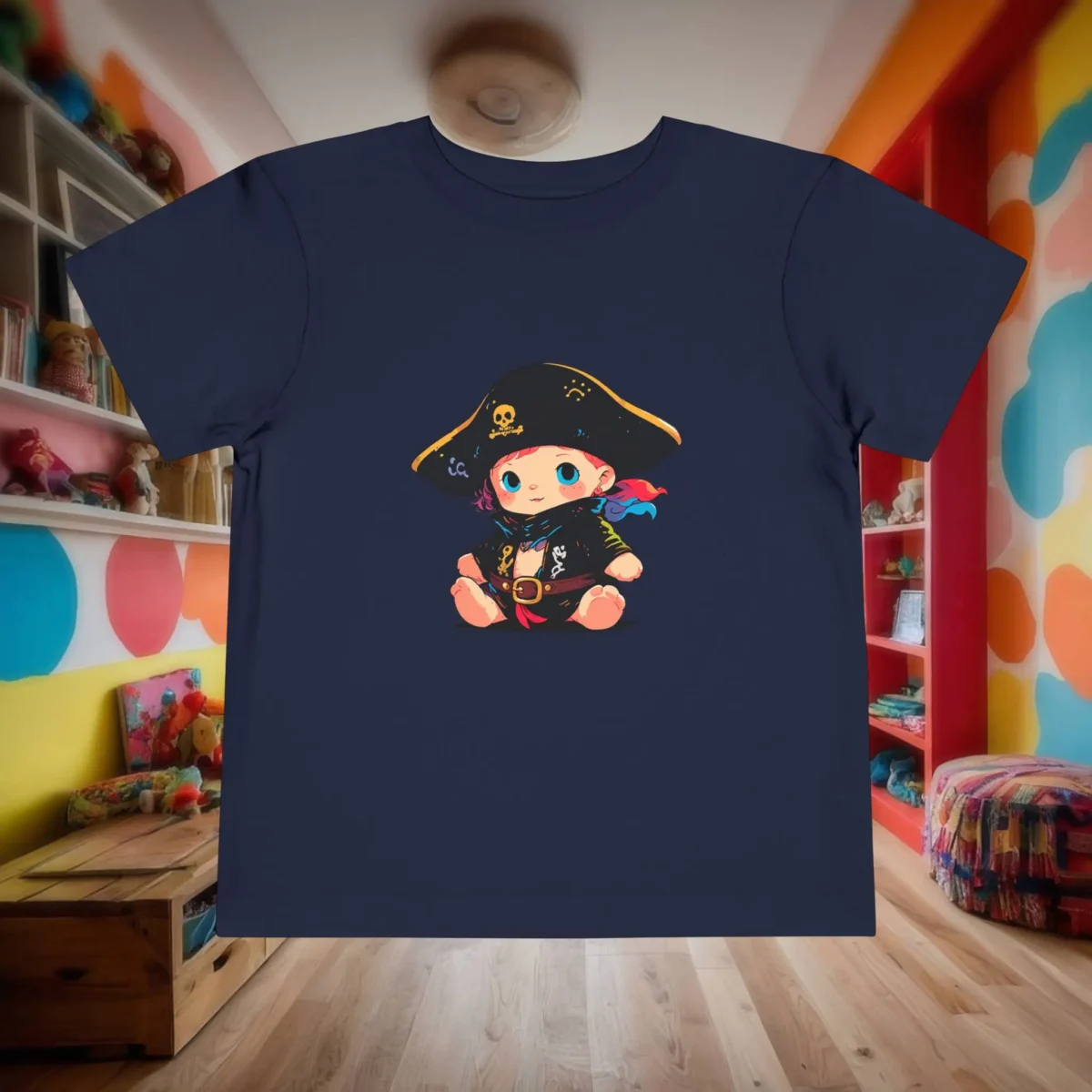 Flat lay of a navy toddler t-shirt with a baby pirate wearing a black outfit and gold-trimmed pirate hat.
