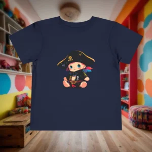 Flat lay of a navy toddler t-shirt with a baby pirate wearing a black outfit and gold-trimmed pirate hat.