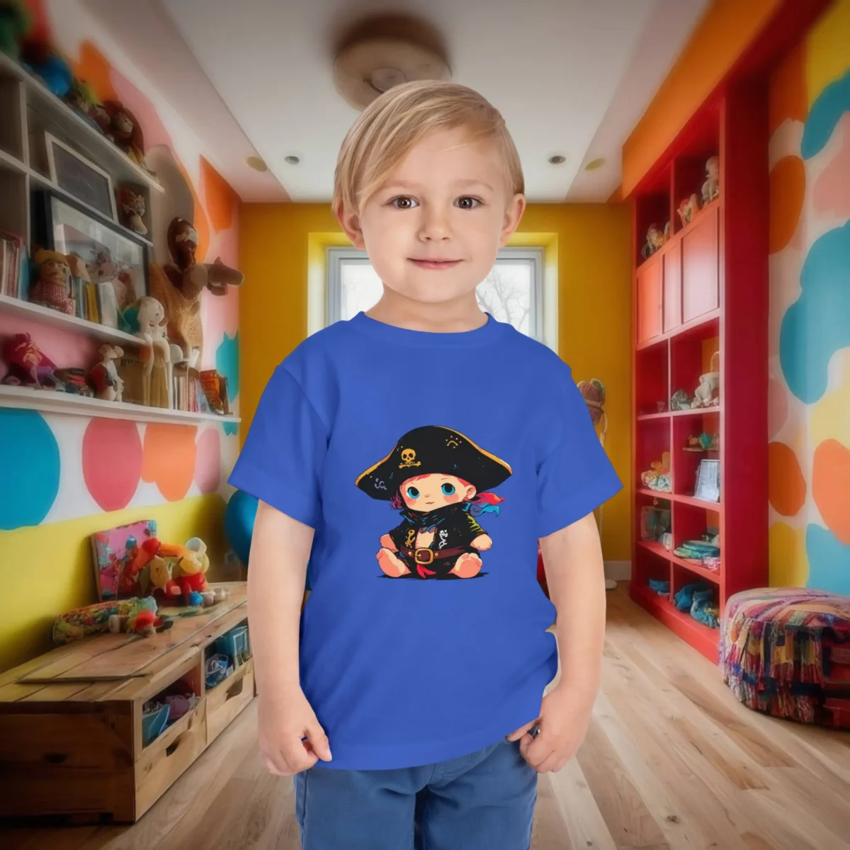Toddler wearing a blue t-shirt with a baby pirate cartoon dressed in a skull hat and colorful scarf.