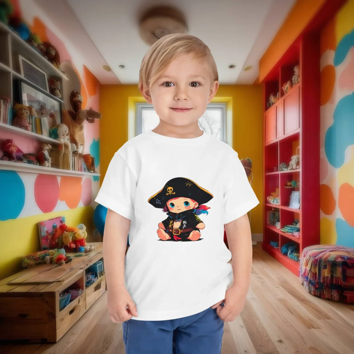 Toddler in a white t-shirt with a cartoon baby pirate wearing a pirate hat and bandana.
