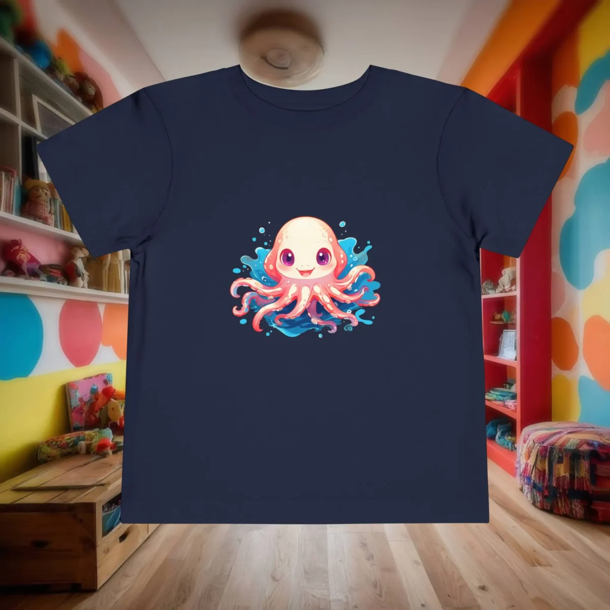 Flat lay of a navy toddler t-shirt with a smiling cartoon baby squid and water splash background.