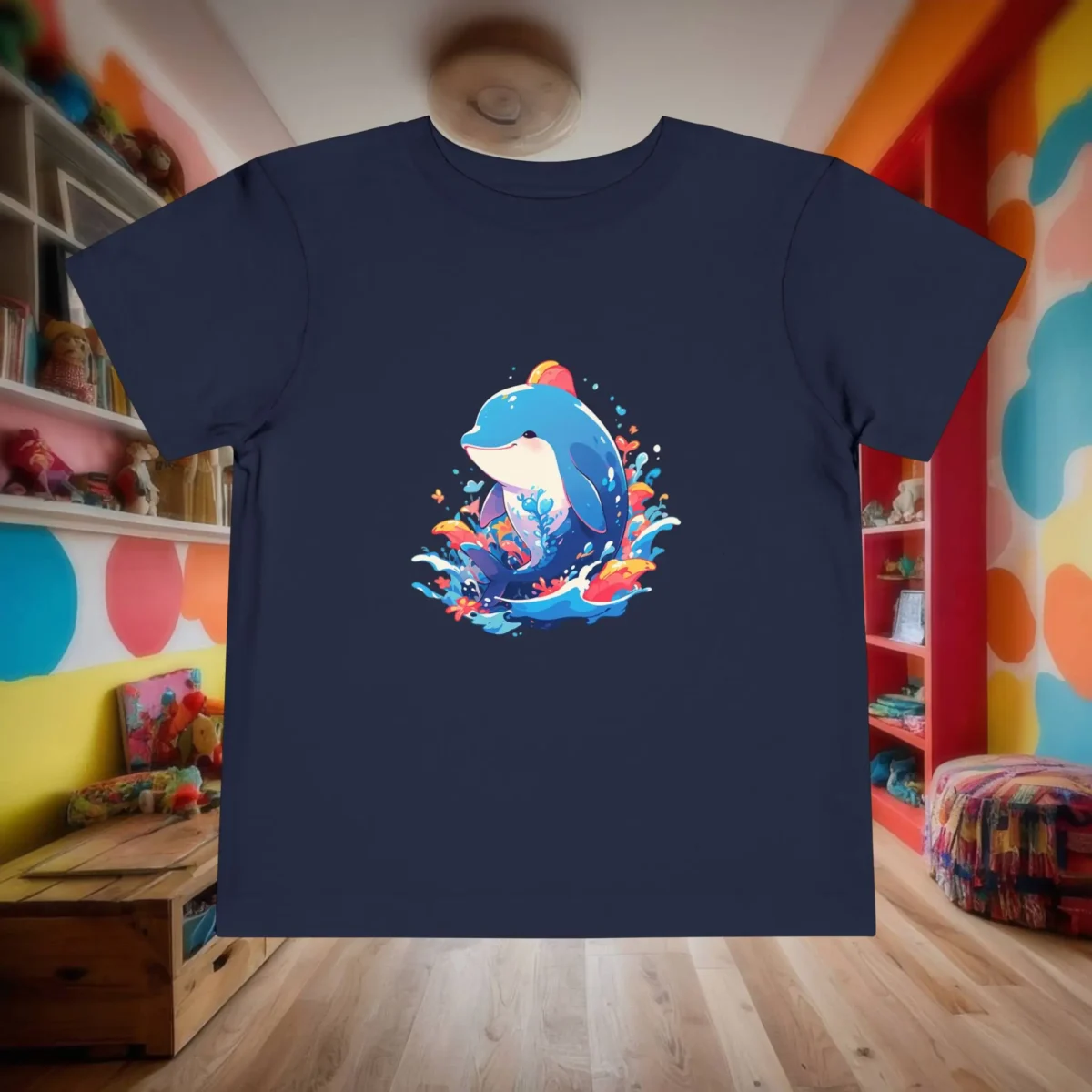 Flat lay of navy toddler t-shirt with a cartoon baby whale diving through vibrant ocean waves.