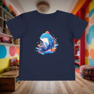 Flat lay of navy toddler t-shirt with a cartoon baby whale diving through vibrant ocean waves.