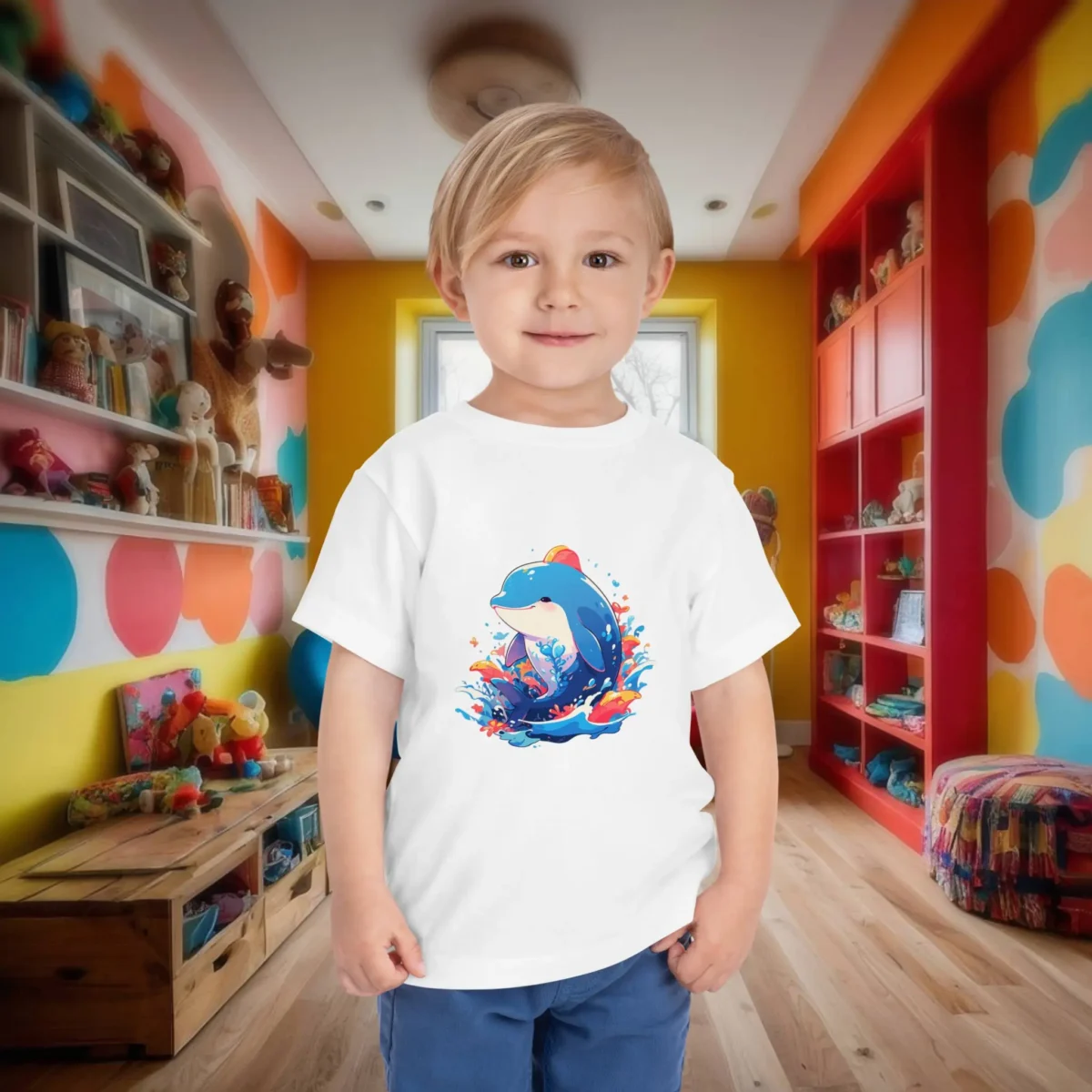 Toddler in white t-shirt with colorful baby whale jumping out of water and surrounded by splashes.