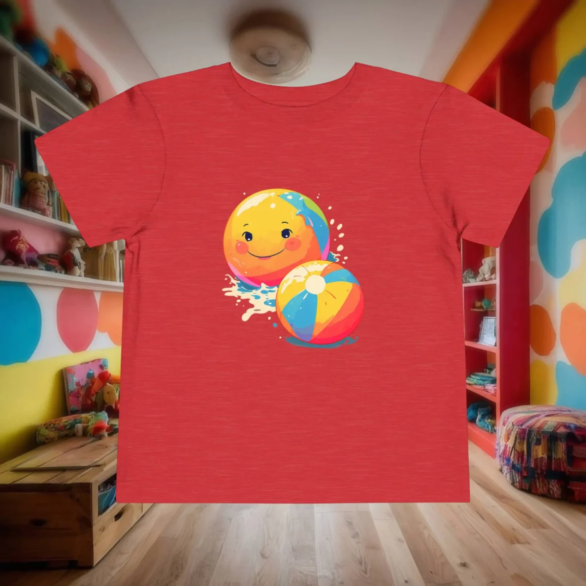 Flat lay of red toddler t-shirt featuring smiling beach balls and water splash effects.