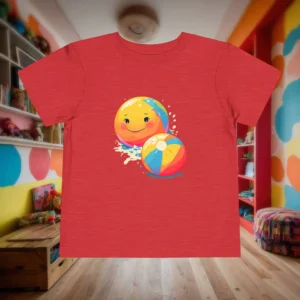 Flat lay of red toddler t-shirt featuring smiling beach balls and water splash effects.