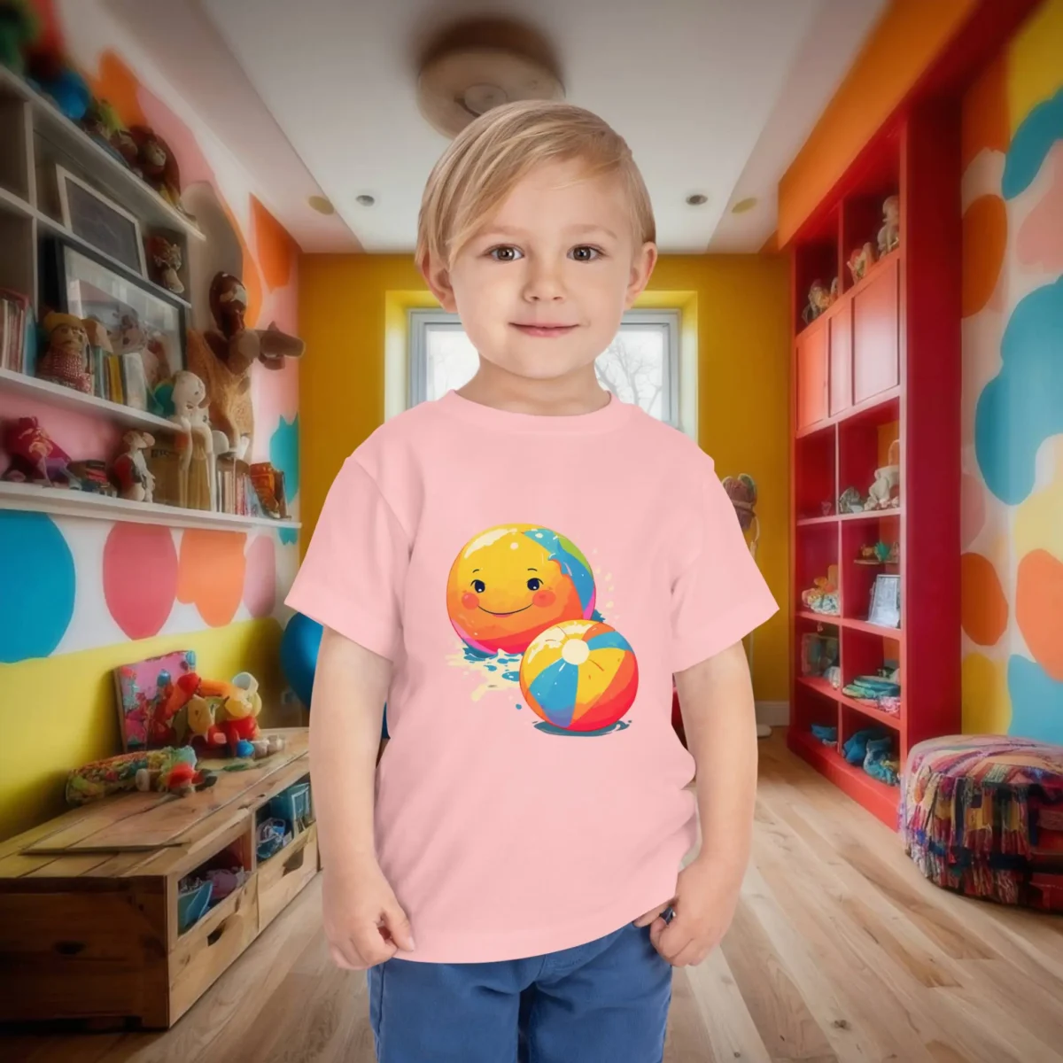 Toddler in a pink t-shirt featuring two bright cartoon beach balls, one with a smiling face and water splashes.