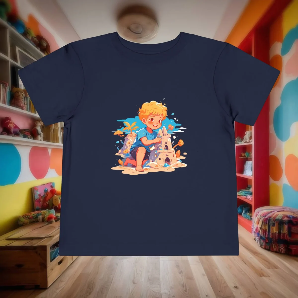 Flat lay of a navy toddler t-shirt featuring a beach scene with a cartoon boy and sandcastles.
