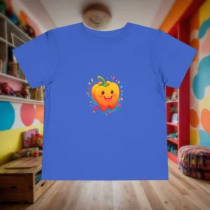Flat lay of blue toddler t-shirt featuring a smiling cartoon bell pepper with colorful splash effects.