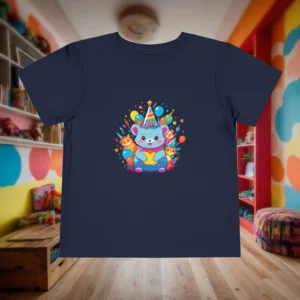 Flat lay of navy toddler t-shirt with a cartoon bear in a birthday hat and festive decorations.