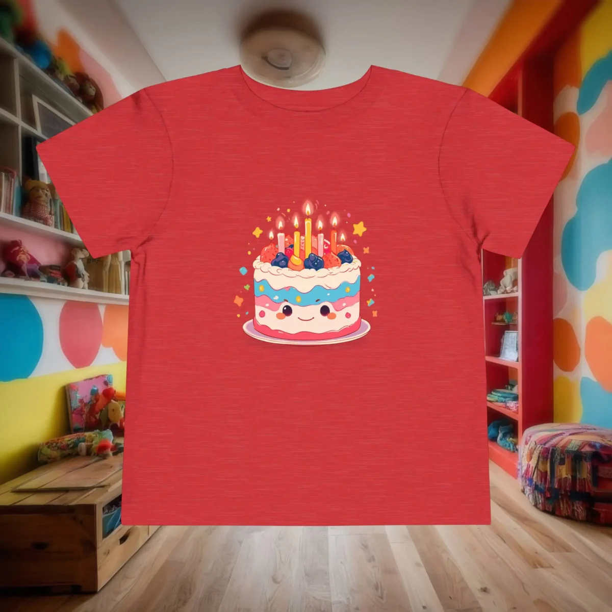 Flat lay of a red toddler t-shirt with a cute cartoon birthday cake with candles and colorful decorations.