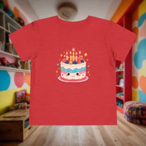 Flat lay of a red toddler t-shirt with a cute cartoon birthday cake with candles and colorful decorations.