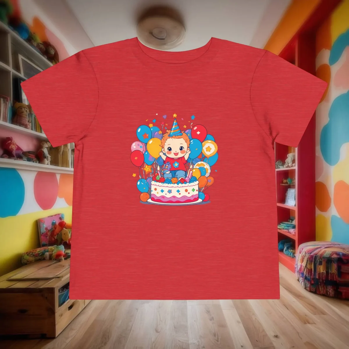Flat lay of a red toddler t-shirt with a cartoon birthday cake, balloons, and smiling baby.