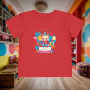 Flat lay of a red toddler t-shirt with a cartoon birthday cake, balloons, and smiling baby.
