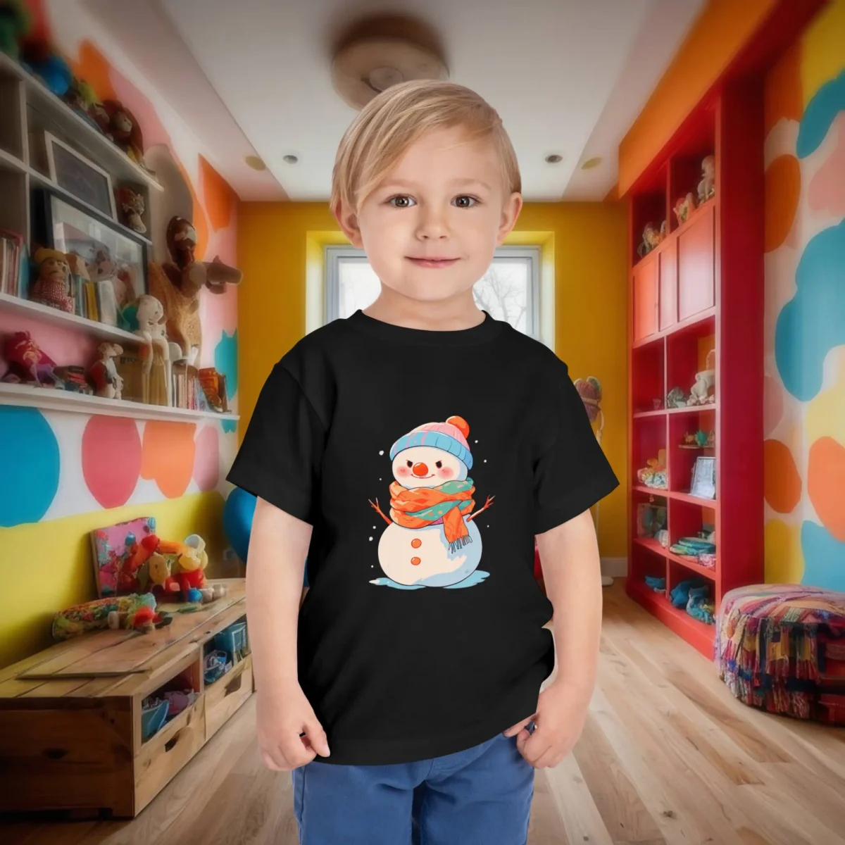 Toddler in black t-shirt with cheerful snowman wearing winter scarf and beanie