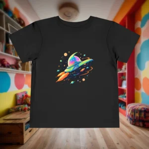 Flat black toddler t-shirt with a glowing neon cartoon spaceship flying through colorful space