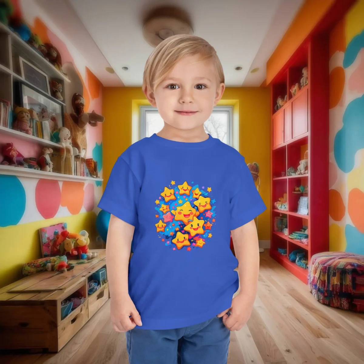 Toddler in blue t-shirt with cute colorful smiling stars design