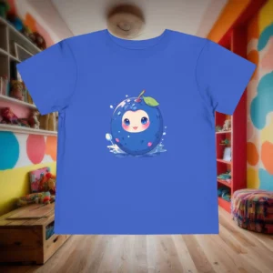 Flat lay of royal blue toddler t-shirt with a cheerful blueberry cartoon surrounded by water splashes.