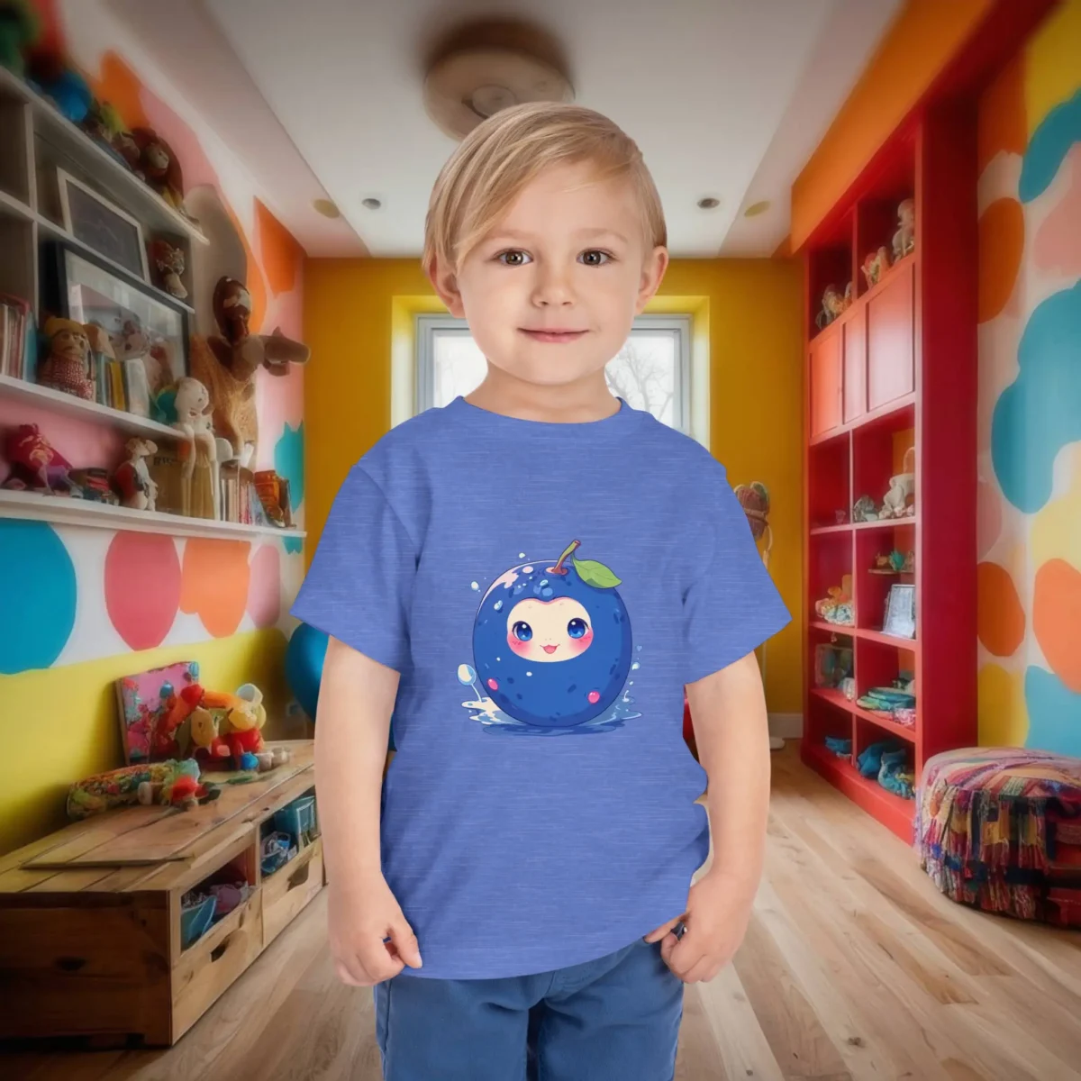 Toddler wearing a heather blue t-shirt with a cute cartoon blueberry character splashing in water.
