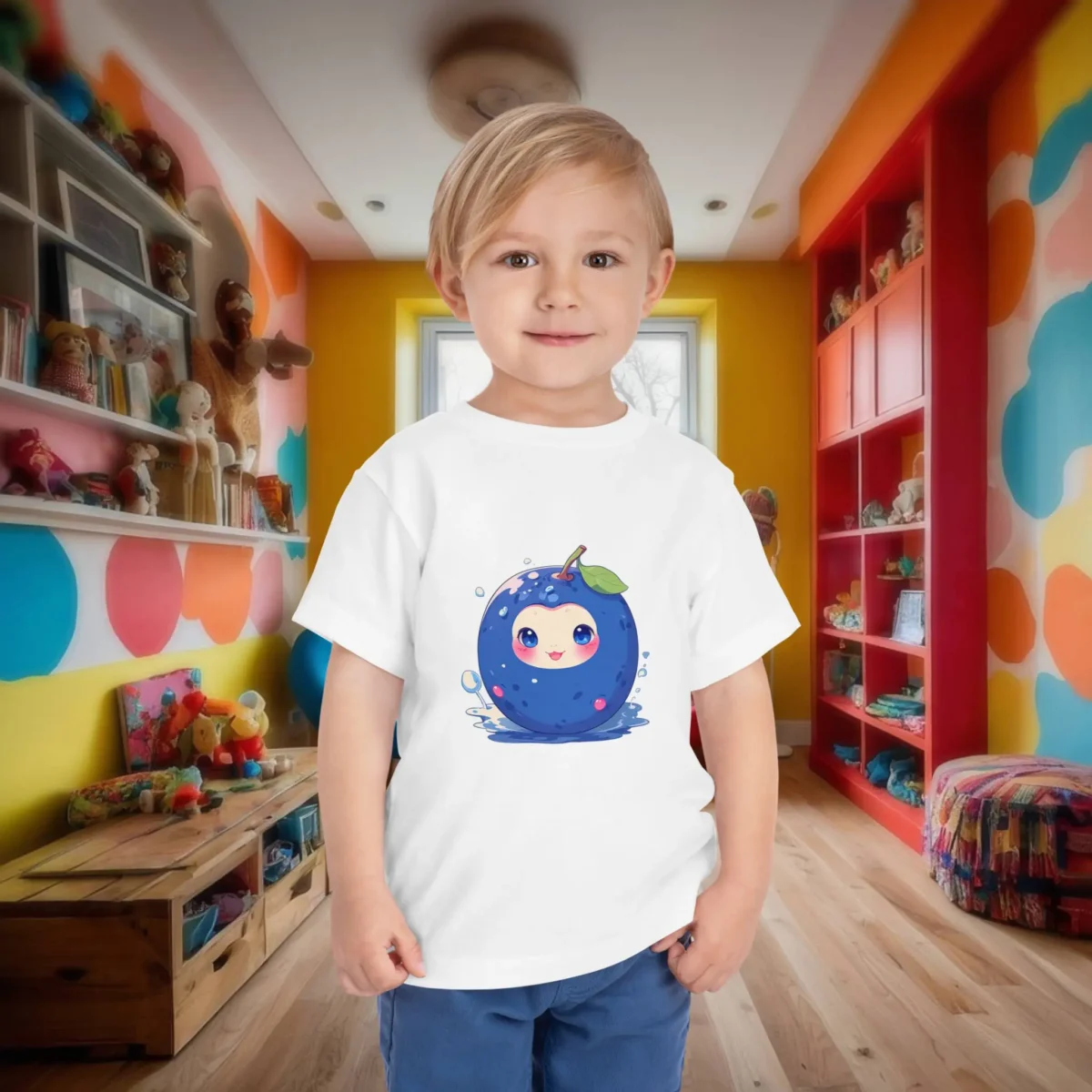 Toddler in a white t-shirt displaying a kawaii-style blueberry cartoon with happy facial expression.