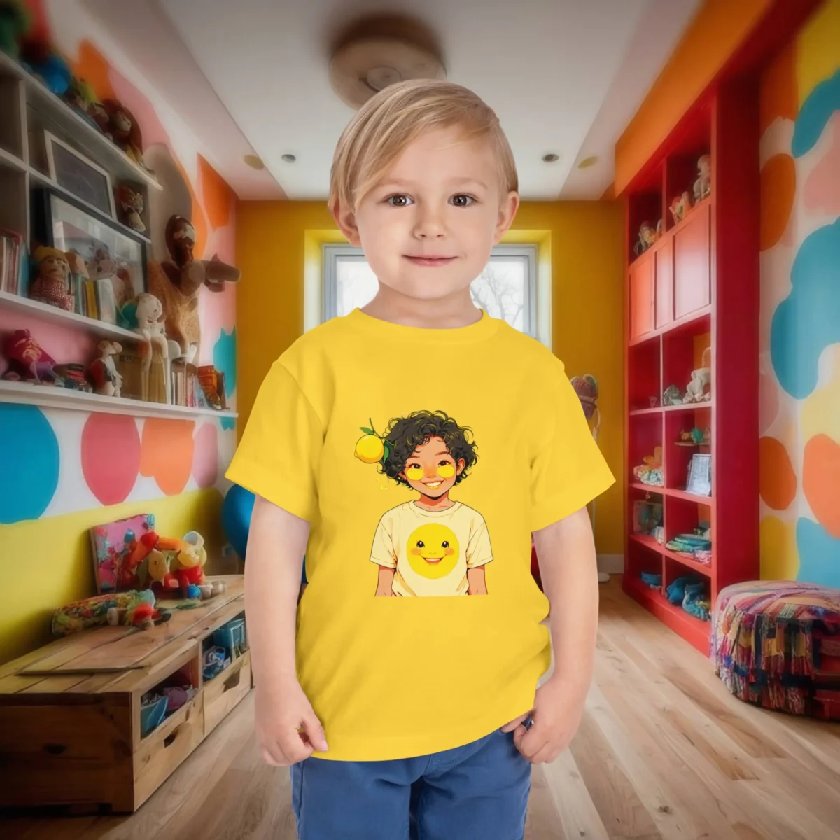 Smiling young boy in bright yellow toddler t-shirt with lemon cartoon