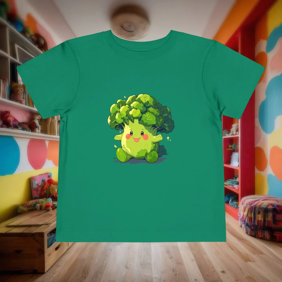 Flat lay of a green toddler t-shirt with a smiling cartoon broccoli character.