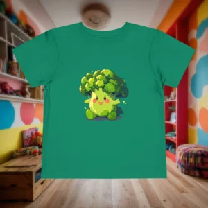 Flat lay of a green toddler t-shirt with a smiling cartoon broccoli character.