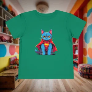 Flat lay of green toddler t-shirt with superhero cat design