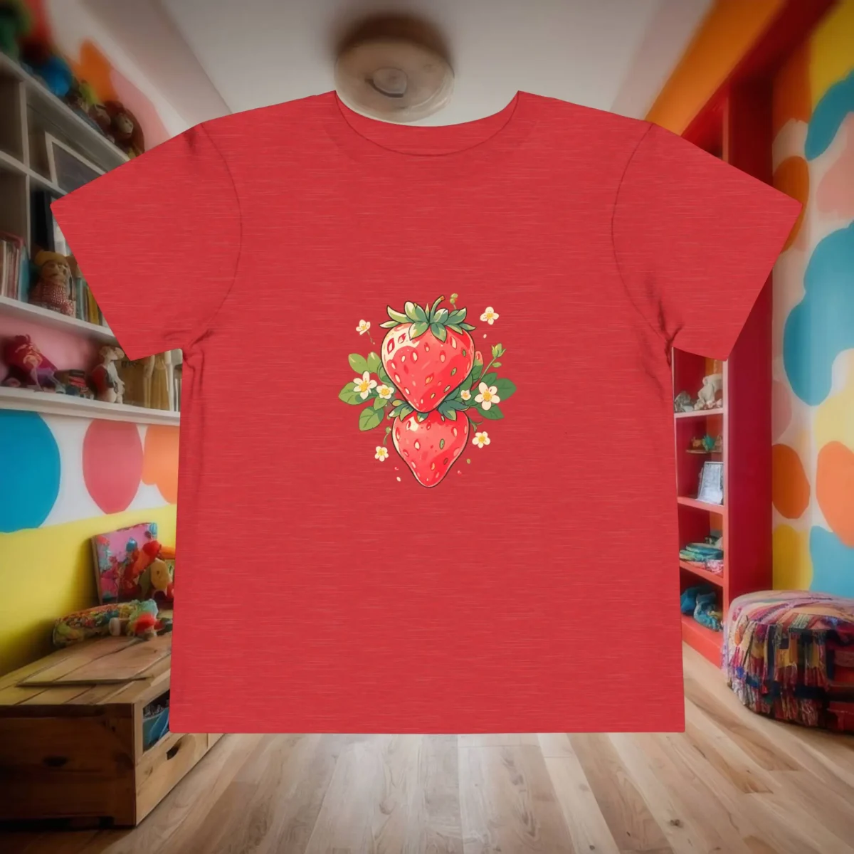 Flat lay of red toddler t-shirt with two strawberries and floral accents