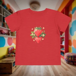 Flat lay of red toddler t-shirt with two strawberries and floral accents