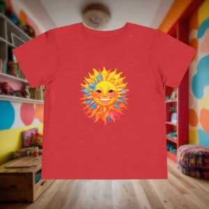 Flat lay of red toddler t-shirt with smiling sun artwork