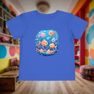 Flat lay of royal blue toddler t-shirt with cute colorful fish and coral design