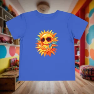 Flat lay of royal blue toddler t-shirt with cool sun character wearing sunglasses