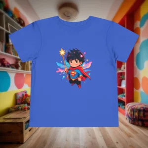 Flat lay of royal blue toddler t-shirt with cute flying superhero boy holding a magic wand