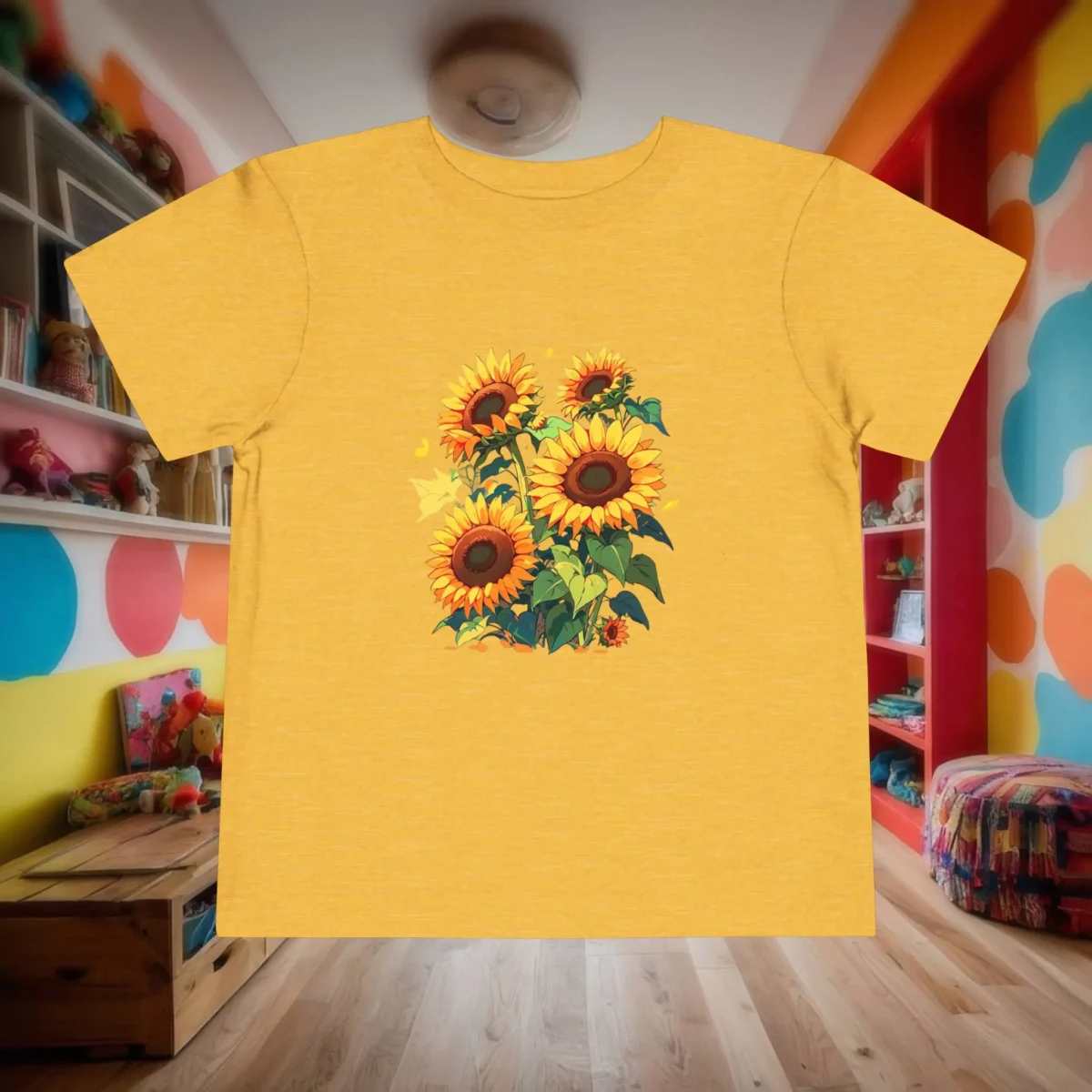 Flat lay of yellow toddler t-shirt with sunflower bunch illustration