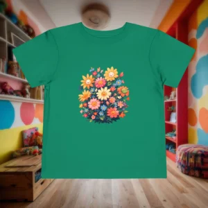 Flat green toddler t-shirt with a cheerful spring flowers illustration