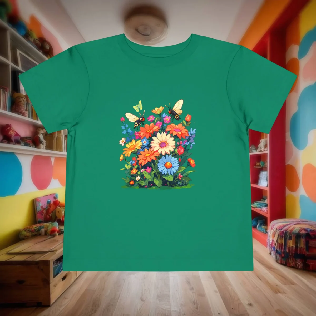Flat green toddler t-shirt with a colorful spring garden and butterflies illustration