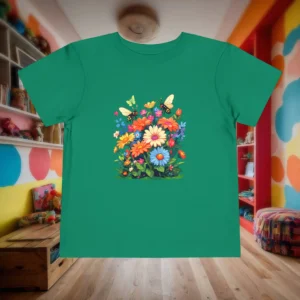 Flat green toddler t-shirt with a colorful spring garden and butterflies illustration