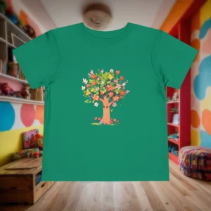 Flat lay of green toddler t-shirt featuring a cartoon tree covered in colorful leaves and flowers.