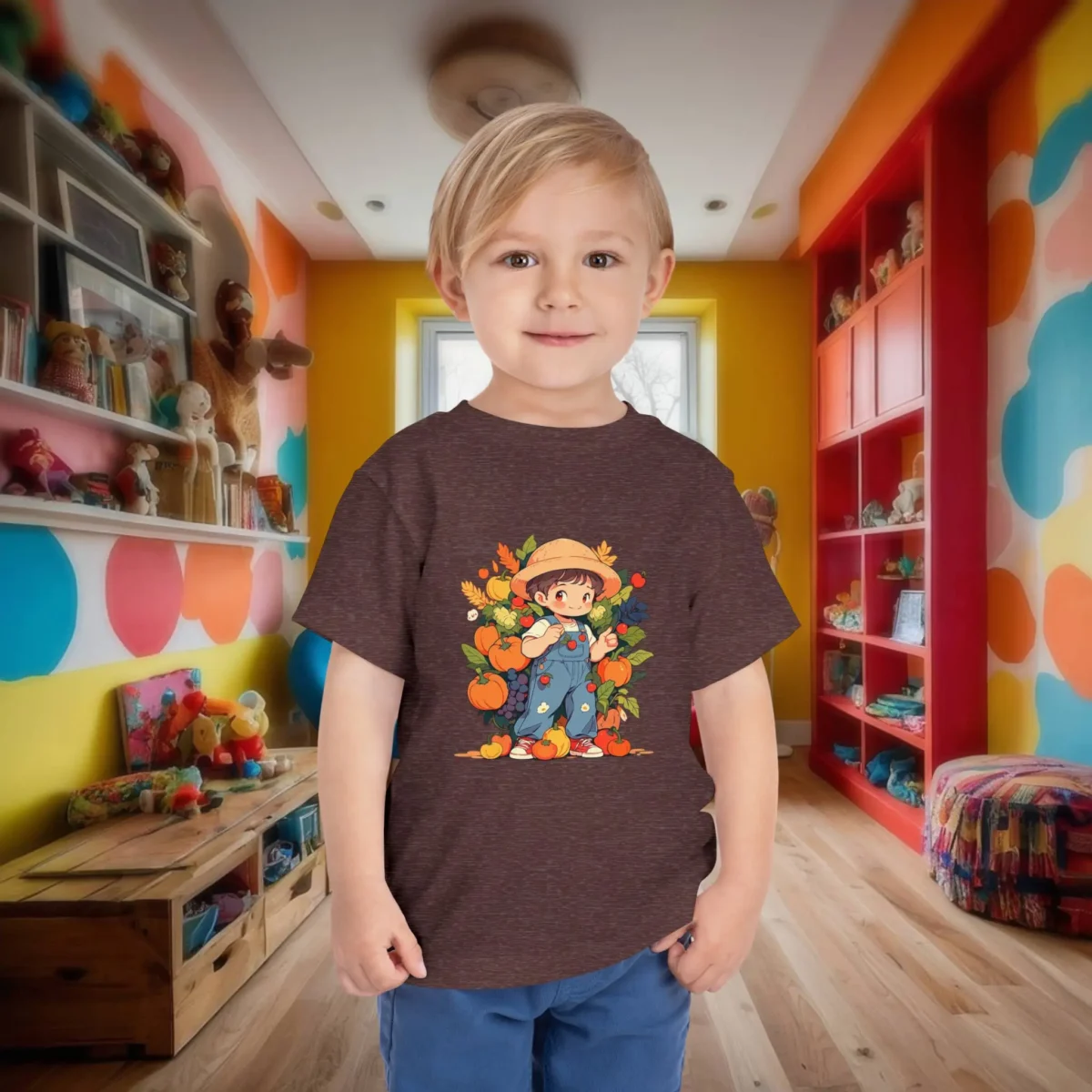 Toddler wearing a heather brown t-shirt with a cartoon harvest scene of a child surrounded by fruits and vegetables.