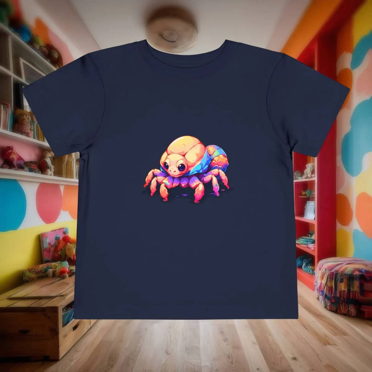 Flat lay of a navy toddler t-shirt featuring a colorful cartoon hermit crab with a bright shell.