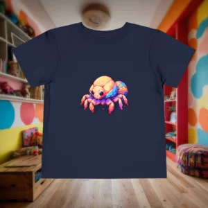 Flat lay of a navy toddler t-shirt featuring a colorful cartoon hermit crab with a bright shell.